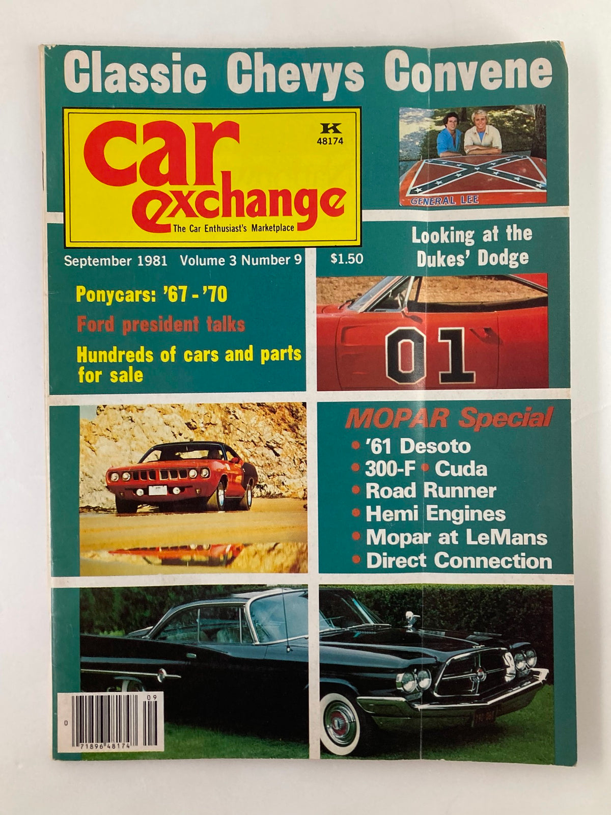 Cover of VTG Car Exchange Magazine September 1981 Vol 3 #9 titled 'Classic Chevys Convene', featuring vintage cars and advertisements related to classic Chryslers and Chevy models.