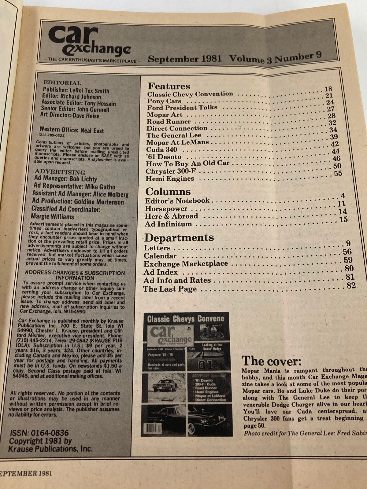 Inside page of VTG Car Exchange Magazine September 1981 Vol 3 #9, displaying the editorial section and a table of contents with featured articles about classic Chevys.