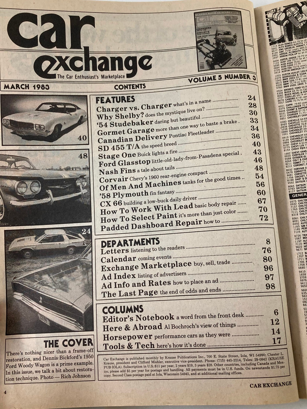 Contents page of VTG Car Exchange Magazine March 1983 Vol 5 #3 detailing various articles on classic cars and automotive insights, providing a glimpse into the editorial focus of vintage car culture.
