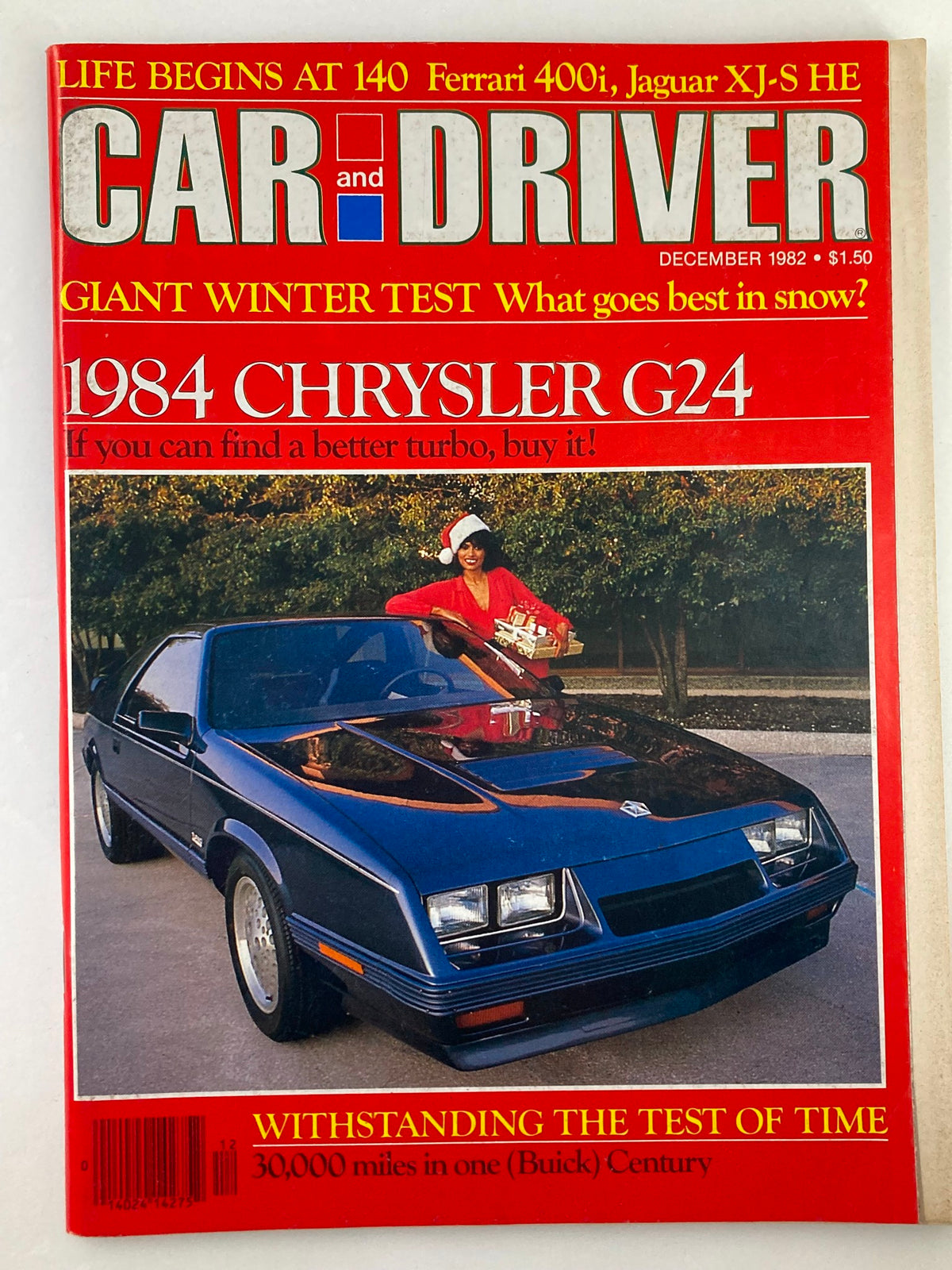 Cover of Car and Driver Magazine December 1982 Vol 28 #6 featuring the 1984 Chrysler G24 with a woman holding a Christmas gift, highlighting notable car trends and automotive culture of the early 80s.