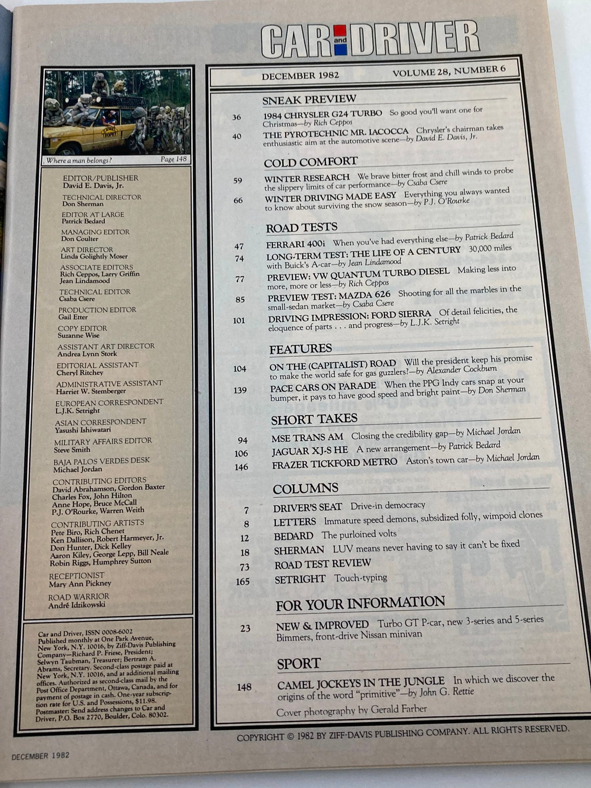 Table of contents from Car and Driver Magazine December 1982 Vol 28 #6 showcasing articles, road tests, and automotive features, including the Chrysler G24 and other significant automotive topics.