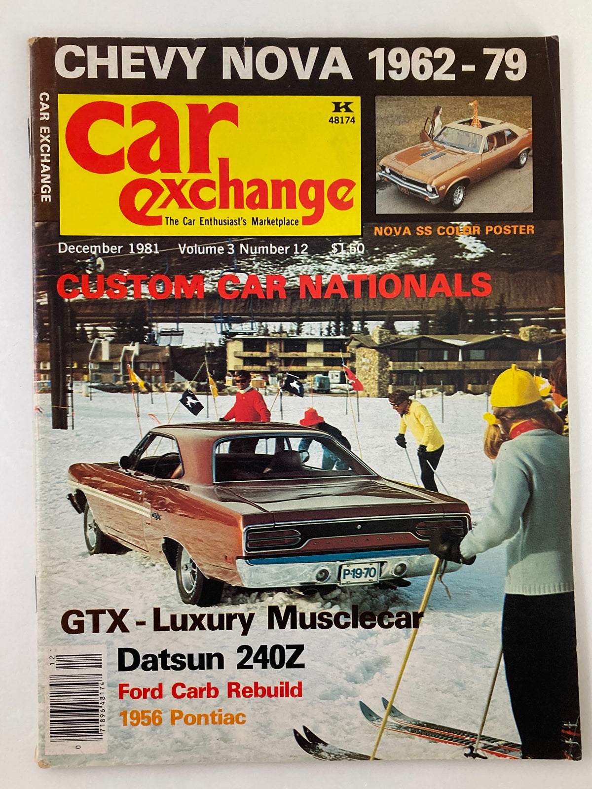 Cover of VTG Car Exchange Magazine December 1981 Vol 3 #12 featuring GTX Luxury Musclecar, with a scene of skiers and a classic car, capturing the nostalgia of vintage automotive culture.