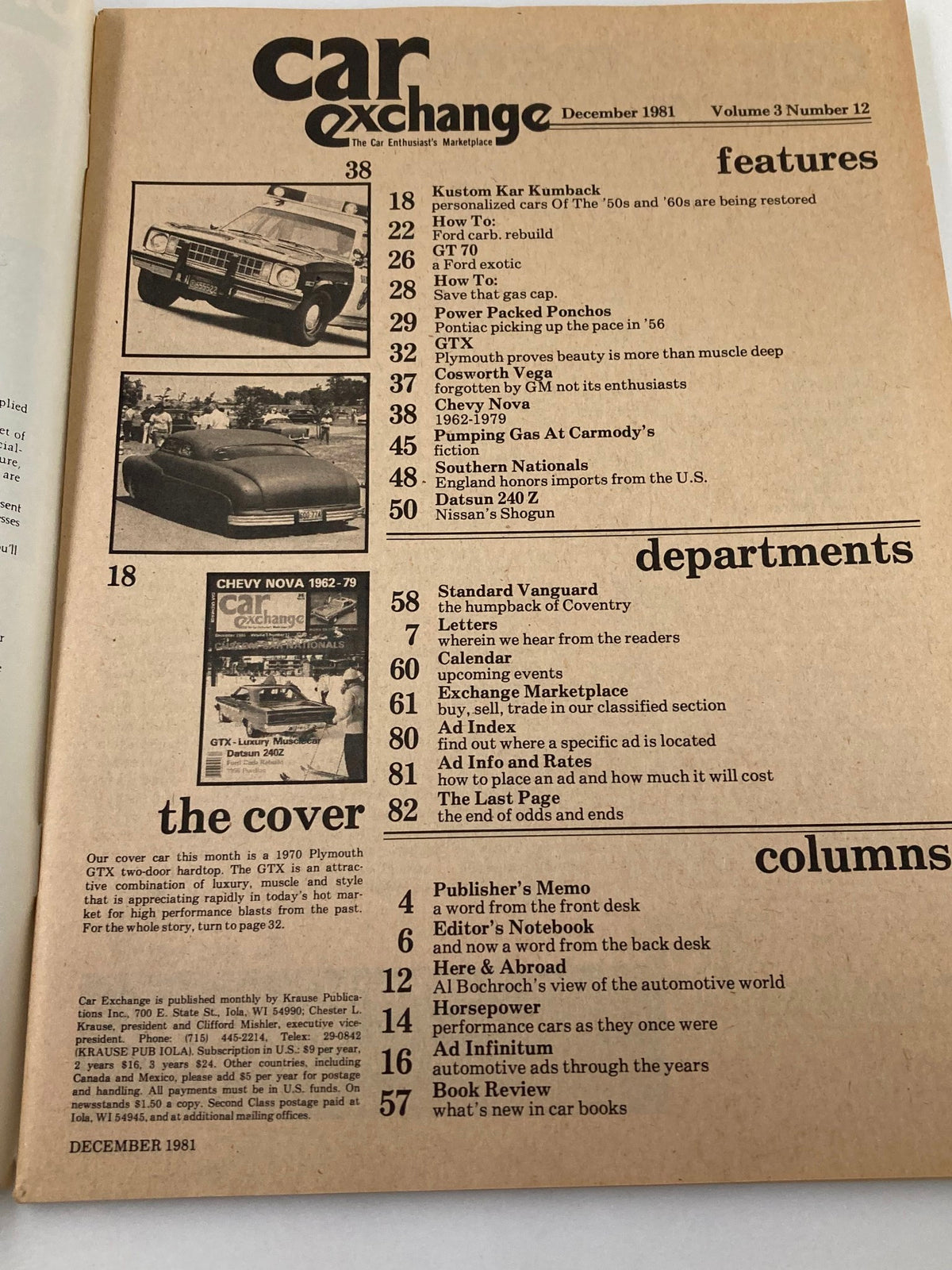 Cover page of Car Exchange Magazine, December 1981, Volume 3 Issue #12, featuring a 1970 Plymouth GTX luxury musclecar and details on articles such as Kustom Kar Kumback and Pontiac Power Packed Ponchos.