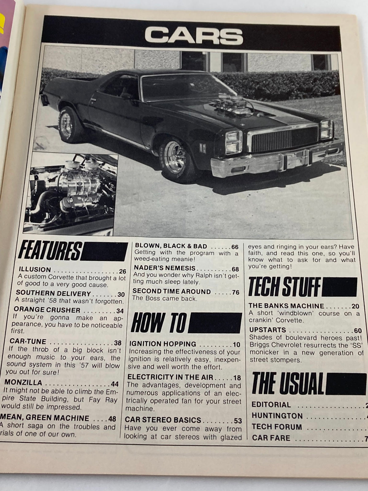 Interior page of VTG Cars Magazine August 1982 showcasing features and topics including 'Car Stereo Basics' and automotive technology advancements.
