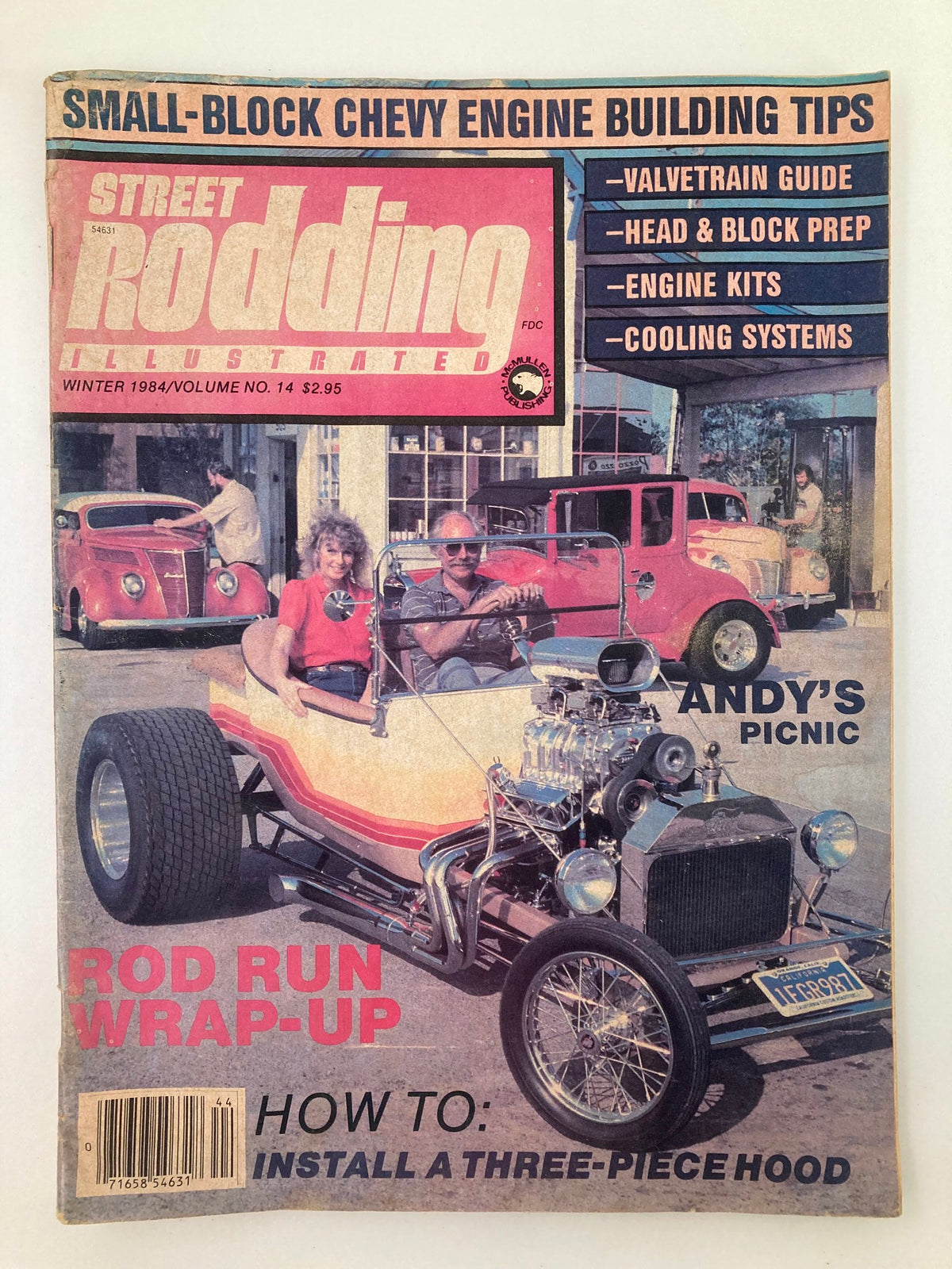 VTG Street Rodding Illustrated Winter 1984 #14 featuring Duane Garn T Roadster on the cover, showcasing vintage car magazines with features on small-block Chevy engine building tips and installation guides.