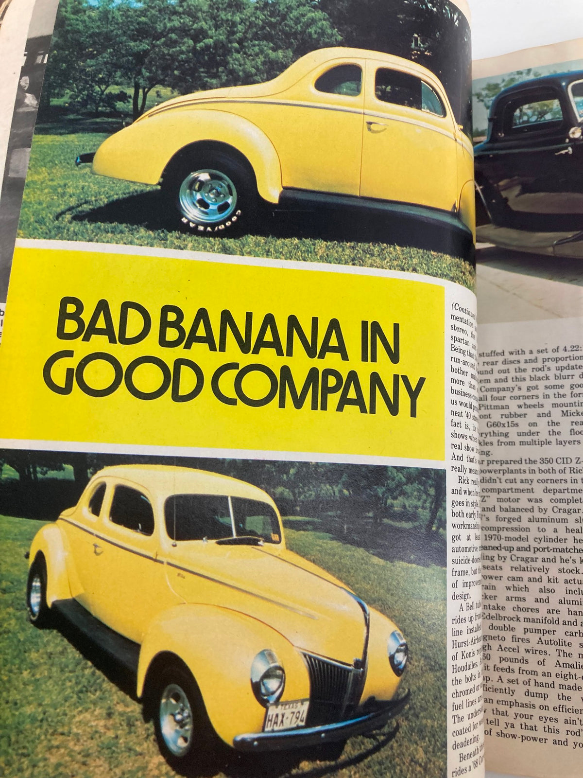 Article page from VTG Rod Power Magazine June 1976 Vol 1 #1 highlighting a classic yellow car titled 'Bad Banana in Good Company'.