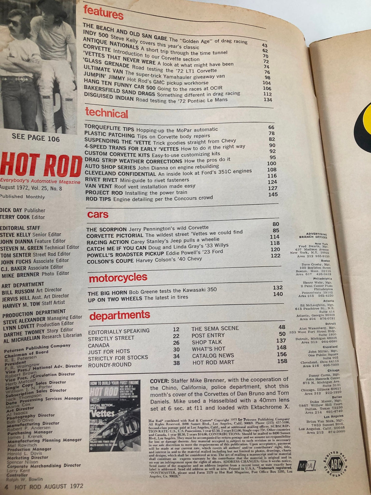 Vintage Hot Rod Magazine August 1972 Corvettes of Dan Bruno and Tom Daniels Cover