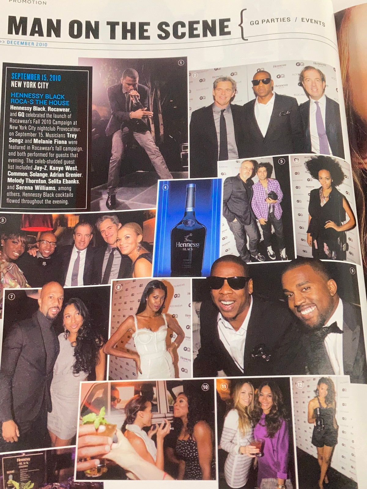 GQ Magazine December 2010 event coverage with images of celebrities like Jay-Z and Kanye West at Hennessy Black launch party, celebrating Iconic figures in contemporary entertainment.