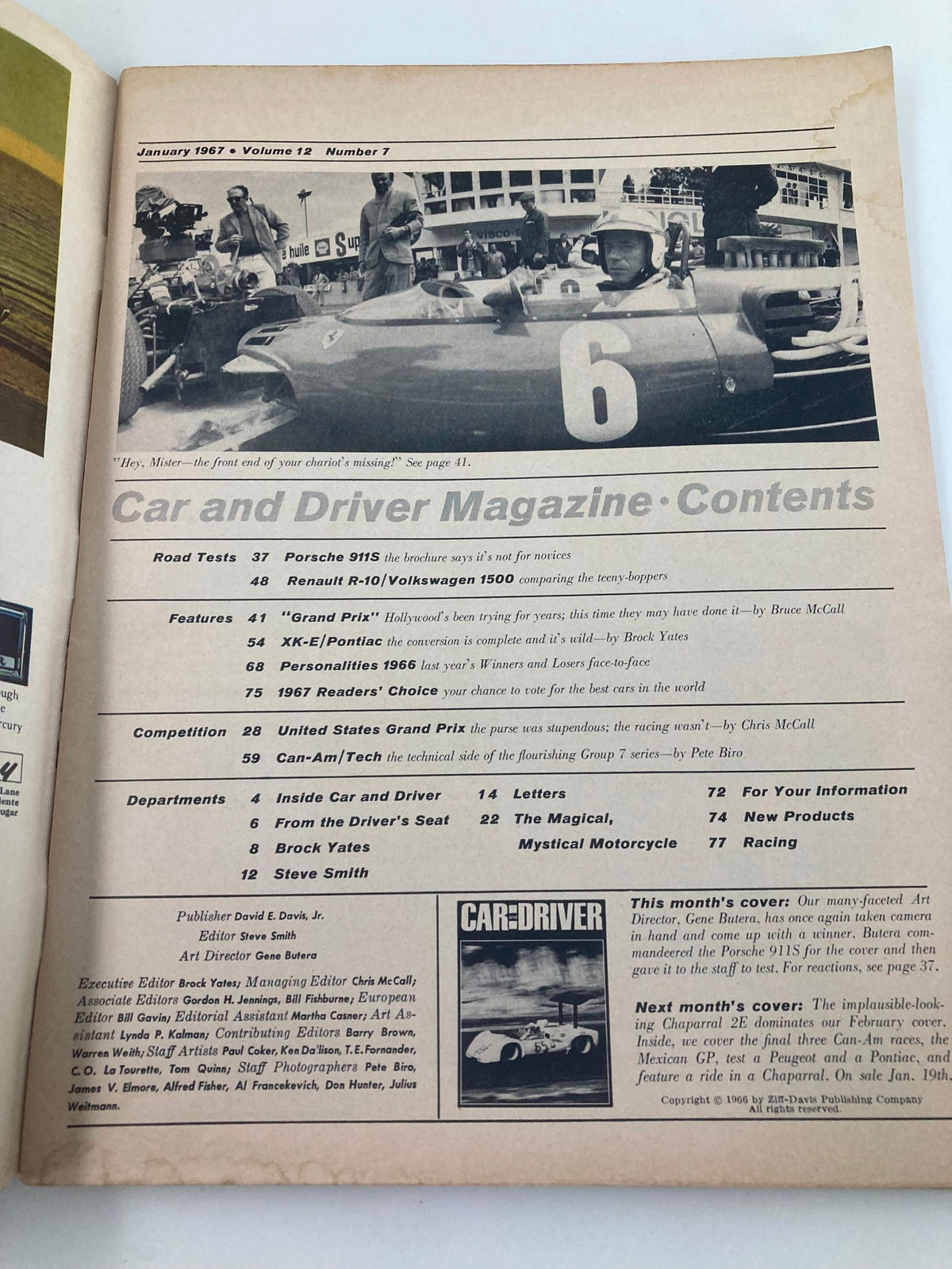 Contents page of VTG Car & Driver Magazine January 1967 Vol 12 #7, detailing articles including a Porsche 911S road test and various automotive features.