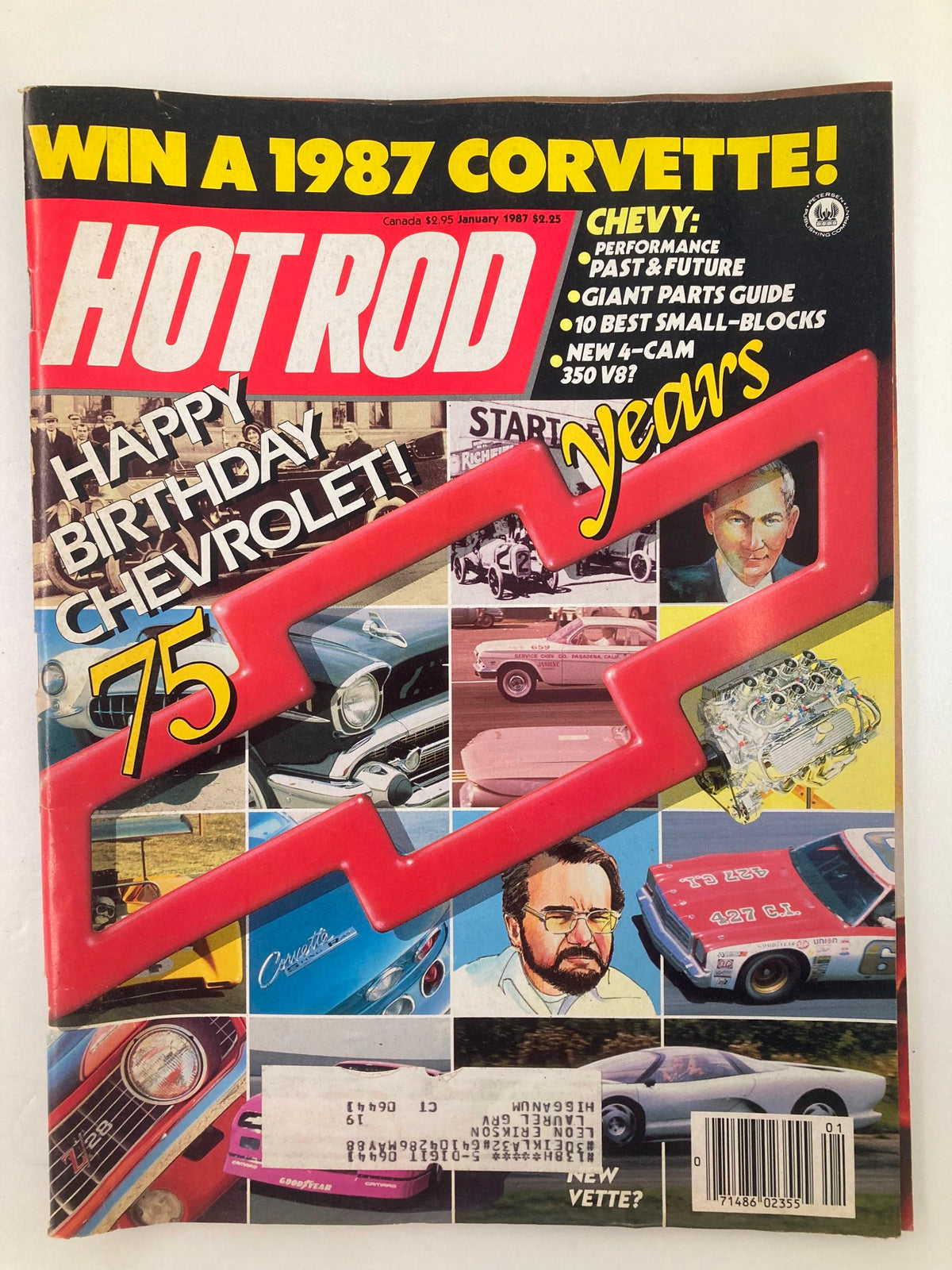 Cover of VTG Hot Rod Magazine January 1987 Vol 40 #1 celebrating Happy 75th Birthday Chevrolet, featuring classic car images and promotional graphics.