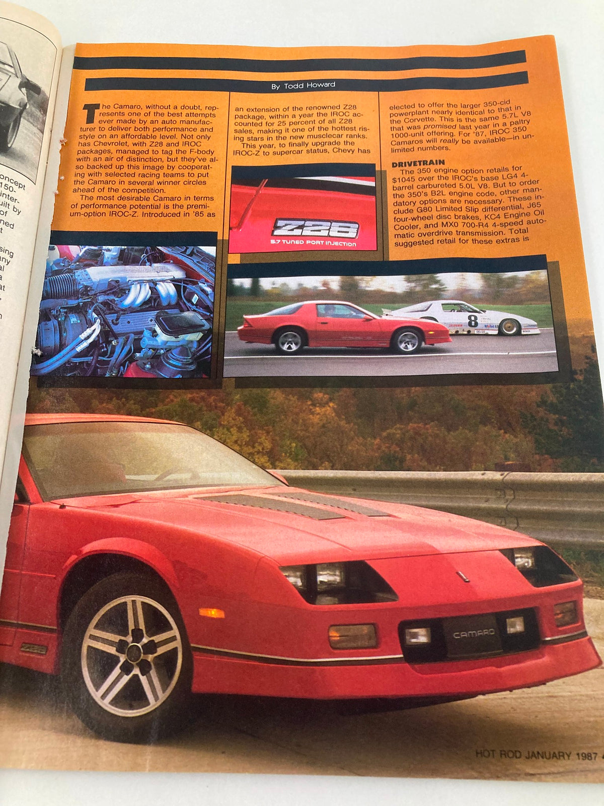 Article page from VTG Hot Rod Magazine January 1987 Vol 40 #1 featuring the 1987 Chevy Camaro Z28 with performance specifications and details.