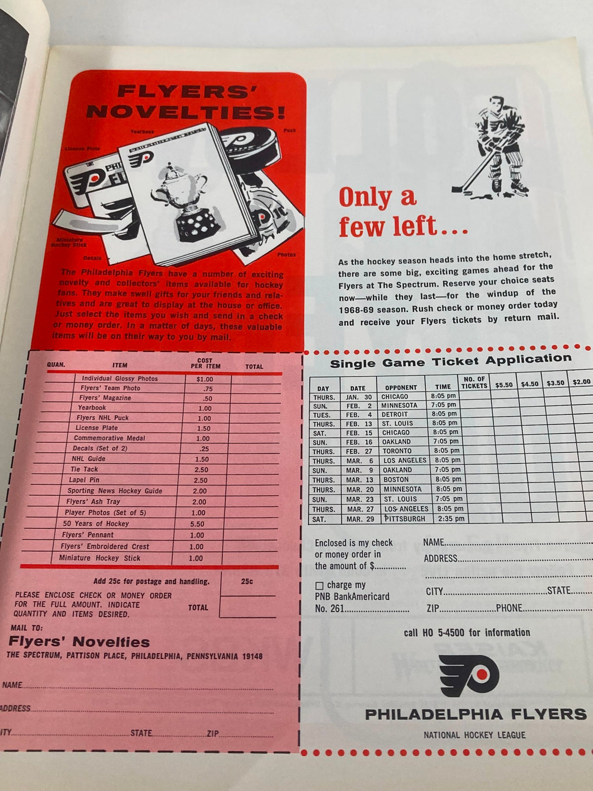 1969 NHL Bobby Hull Philadelphia Flyers vs Chicago Black Hawks Vol 2 #29 - Image of a magazine page advertising Flyers novelties and ticket application details.