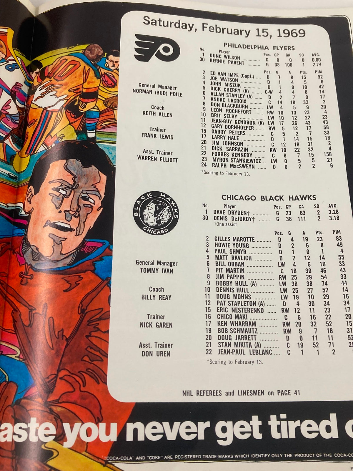 Roster page from the 1969 NHL Bobby Hull Philadelphia Flyers vs Chicago Black Hawks Vol 2 #29 showing the Philadelphia Flyers and Chicago Black Hawks players for February 15, 1969.
