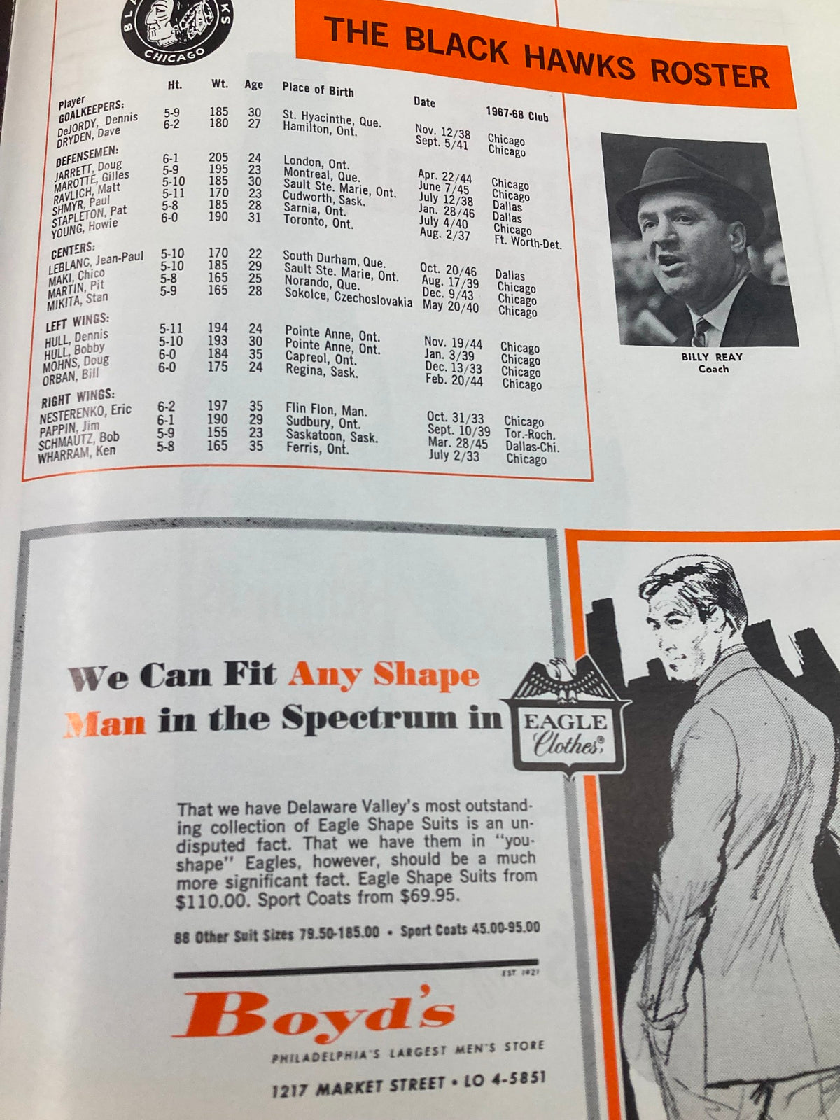 Player roster page from the 1969 NHL Bobby Hull Philadelphia Flyers vs Chicago Black Hawks Vol 2 #29, including details about the Chicago Black Hawks players and coach.