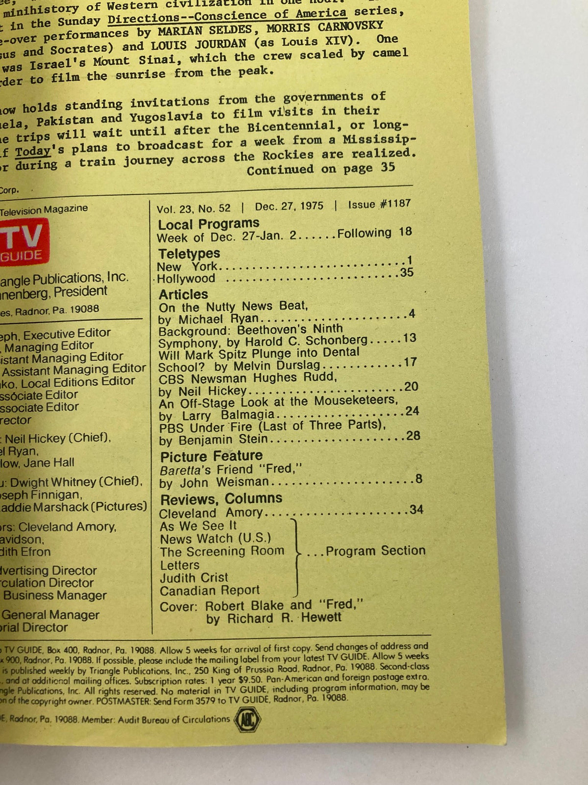Back cover of TV Guide Magazine December 27 1975, providing a detailed table of contents and feature articles from that issue.