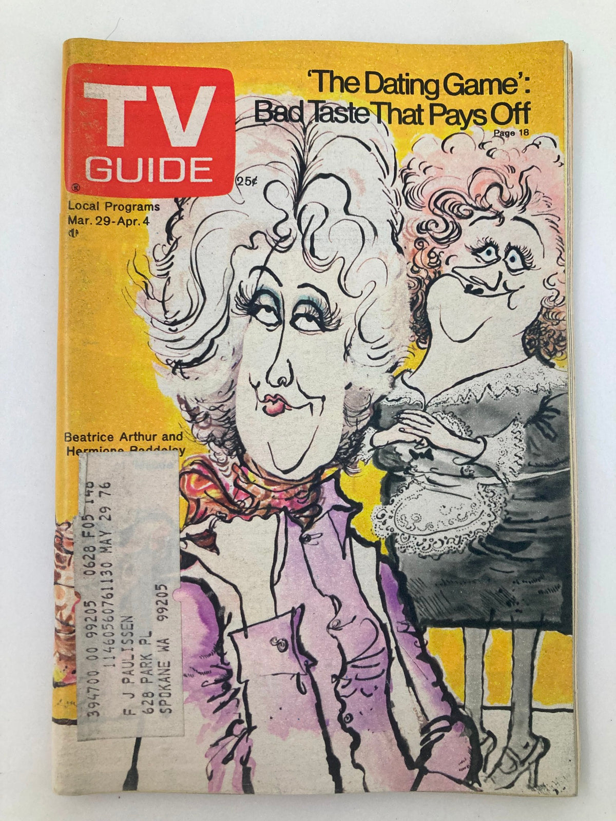 Cover of TV Guide Magazine March 29 1975 showcasing Beatrice Arthur and featuring a vivid caricature illustration. The magazine highlights popular programs of the era such as 'The Dating Game'.