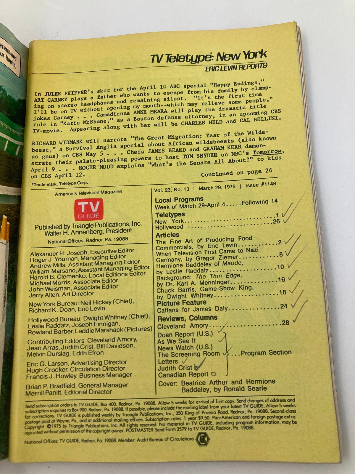 Inside page of TV Guide Magazine March 29 1975, displaying TV Teletype from New York with listings and articles about television programs of that week.