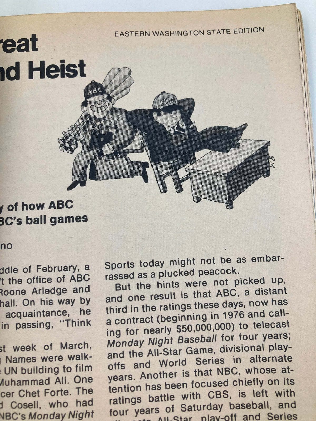 Another inside page from TV Guide Magazine March 29 1975, detailing an article about ABC's baseball coverage, reflecting the sports and entertainment landscape of the 1970s.