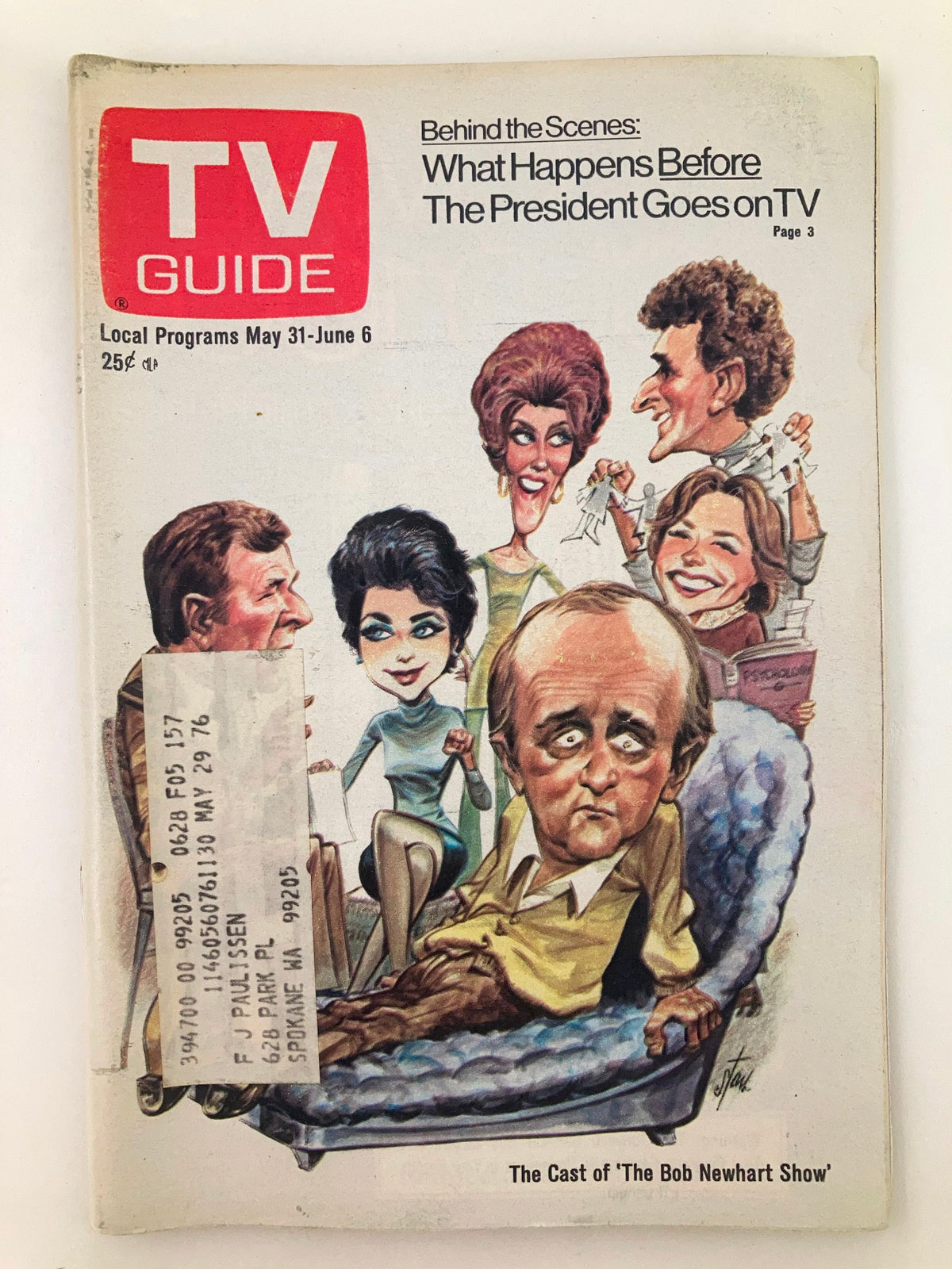 Cover of TV Guide Magazine May 31 1975 featuring caricatures of the cast of 'The Bob Newhart Show' and the title 'Behind the Scenes: What Happens Before The President Goes on TV'.