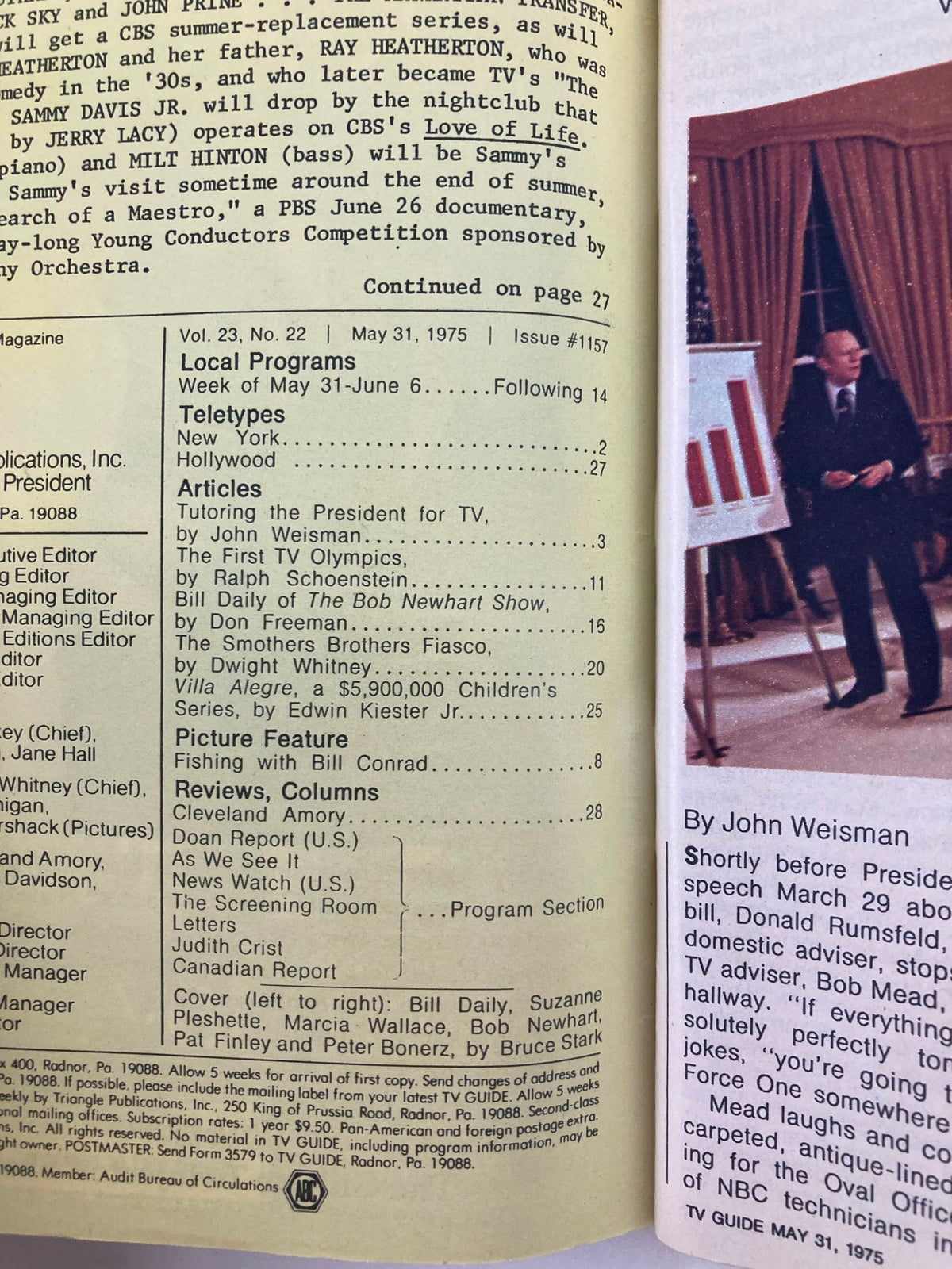 Interior page of TV Guide Magazine May 31 1975 highlighting local programs and articles, with a spotlight on the cast including Bill Daily, and details of the featured content.