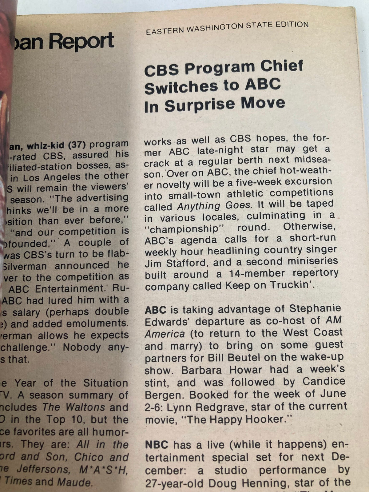 Interior page of TV Guide Magazine May 31 1975 featuring an article about CBS Program Chief switching to ABC, showcasing television updates and programming details for Eastern WA State Edition.
