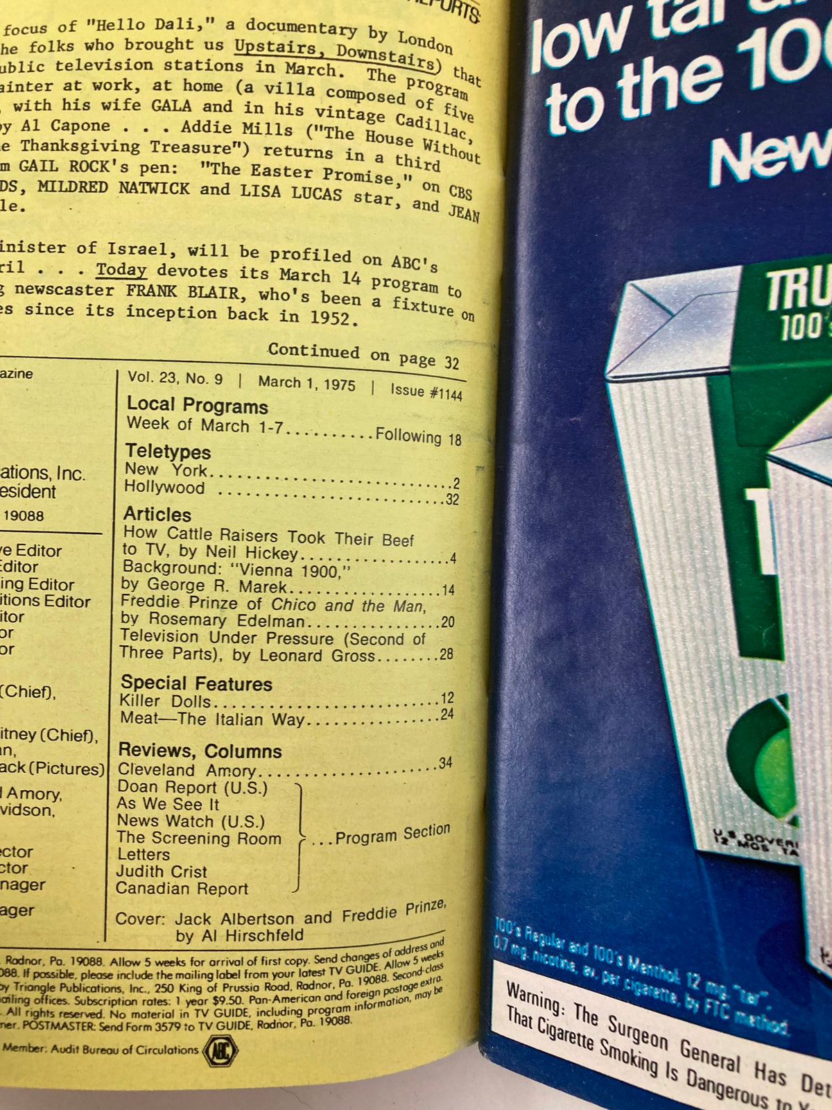 Inside page of TV Guide Magazine March 1 1975 #1144 showcasing program listings and editorial content, with details about shows including 'Chico and the Man'. This page reflects the mid-1970s television landscape.