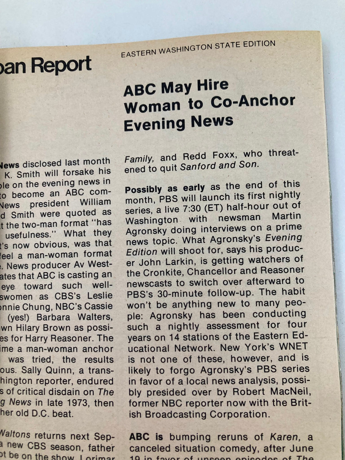 News article from TV Guide Magazine June 7, 1975, Eastern Washington State Edition, discussing broadcasting developments and programming.