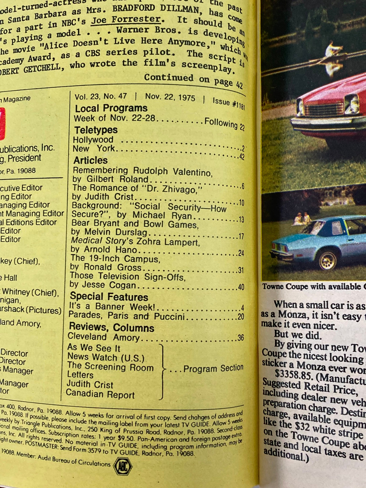 Inside page of TV Guide Magazine, November 22, 1975, Issue #1181, detailing local programs and articles, including features on Rudolph Valentino and discussions on social security.