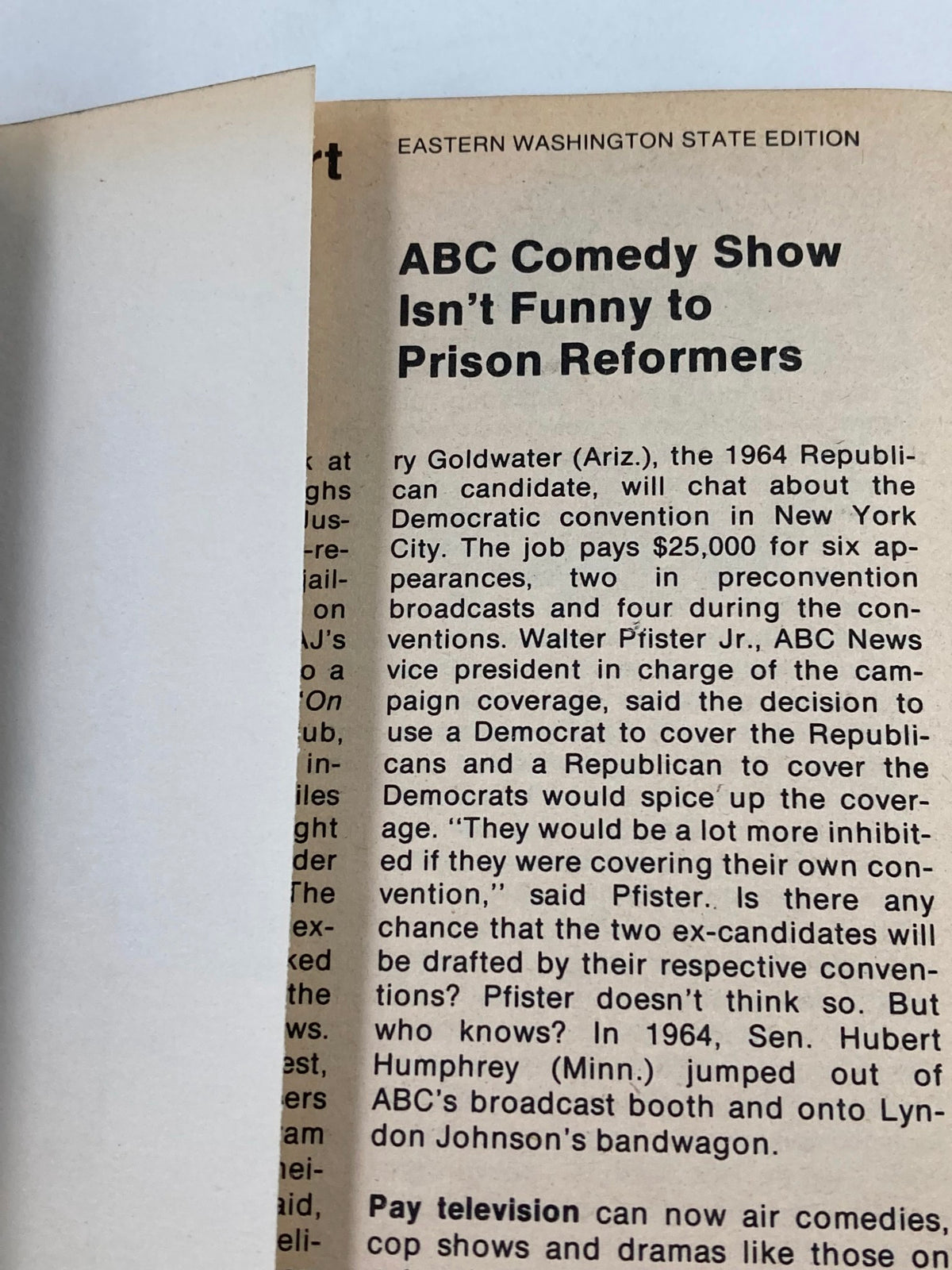 Article excerpt from TV Guide Magazine, November 22, 1975, Eastern Washington State Edition, discussing an ABC comedy show and its reception among prison reformers.