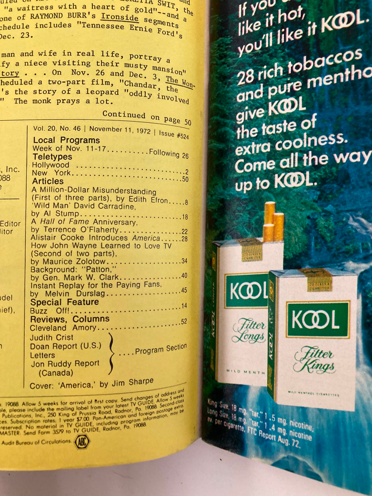 Inside page of TV Guide Magazine November 11 1972 #524, displaying articles and listings for the week, including a feature on Alistair Cooke's America.