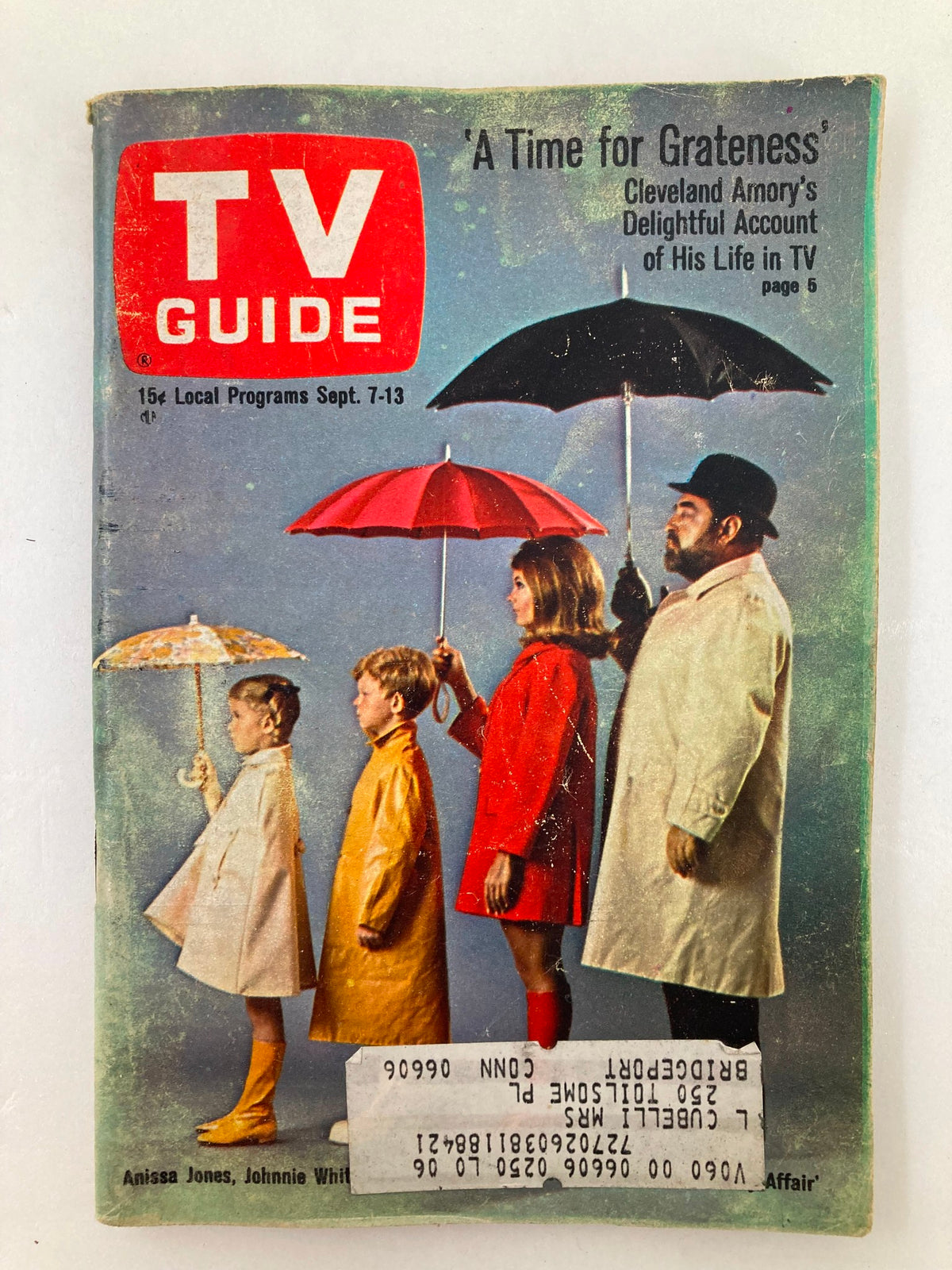 TV Guide Magazine September 7 1968 #806 featuring Anissa Jones on the cover, depicting a colorful scene with children holding umbrellas.