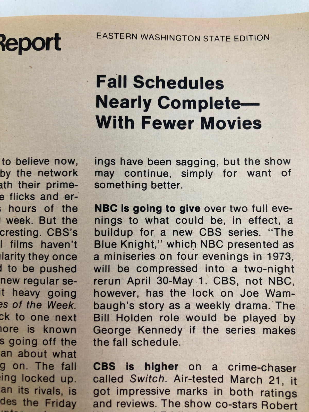 Eastern Washington State Edition article page from TV Guide Magazine April 12, 1975, discussing fall television schedules and upcoming shows.