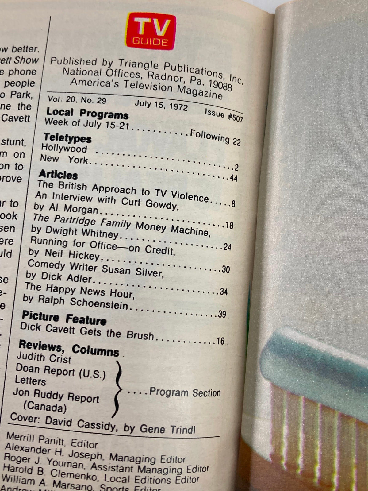 Interior page of TV Guide Magazine July 15, 1972, listing local programs and articles including a feature on David Cassidy.
