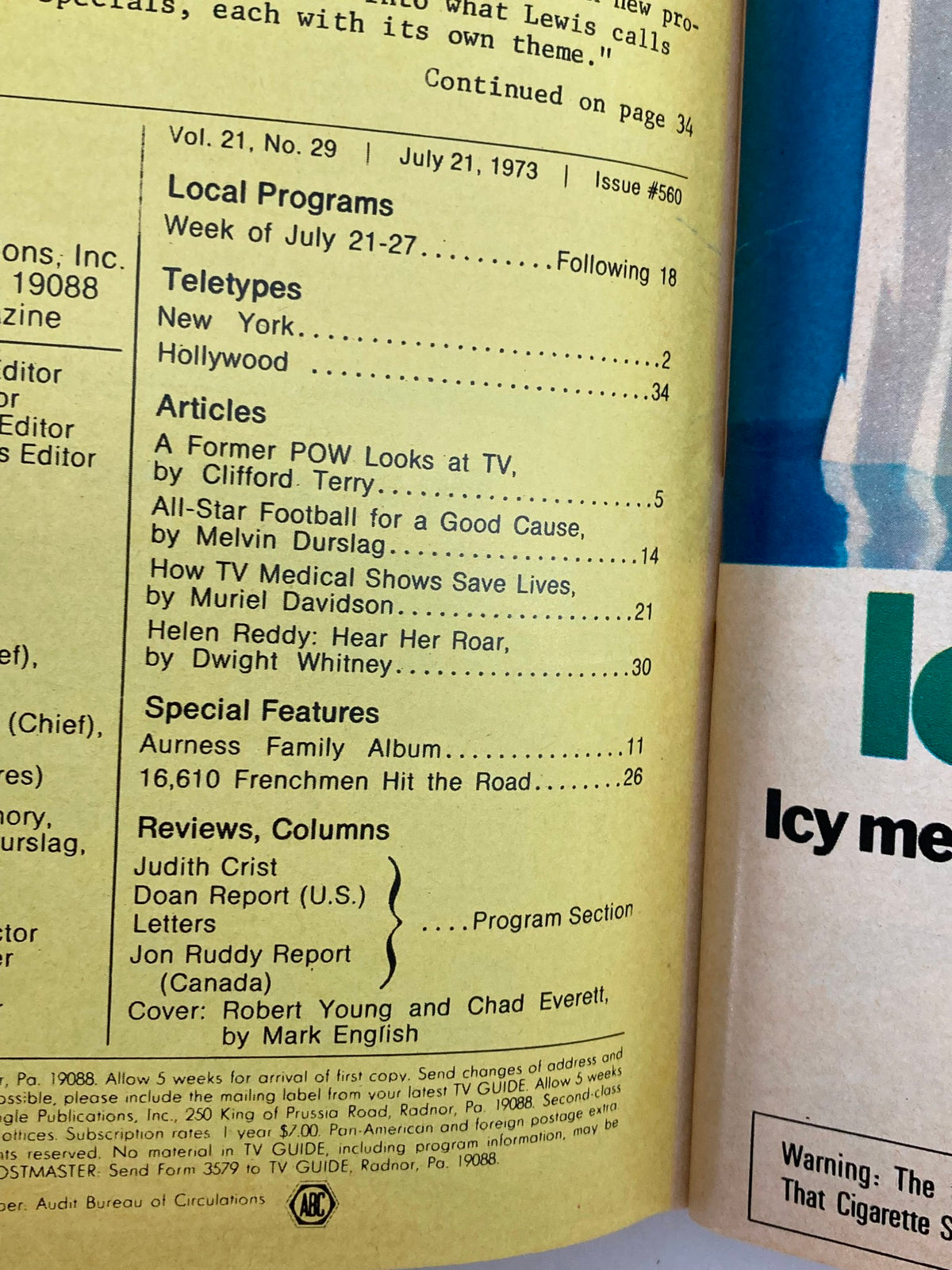 Interior page from TV Guide Magazine July 21, 1973, Issue #560 displaying local programs and articles, including references to Robert Young.