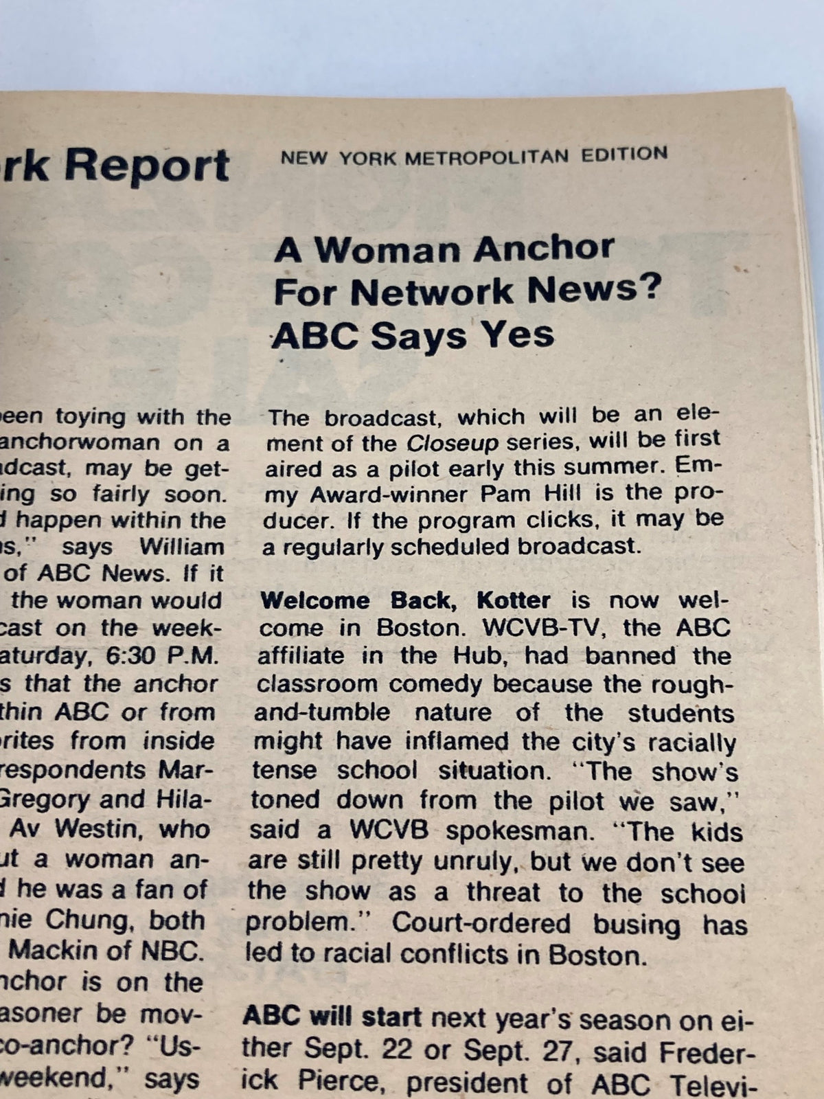 An article page from the January 17, 1976 issue of TV Guide Magazine, discussing the potential for a woman anchor in network news, featuring the New York Metropolitan edition.