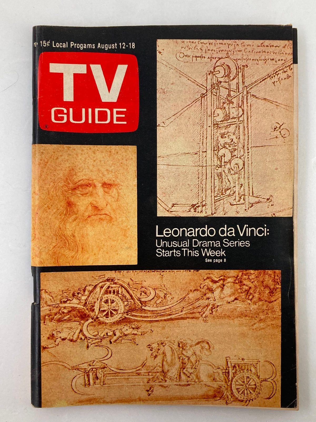 Cover of TV Guide Magazine August 12 1972 featuring a captivating article on Leonardo da Vinci, showcasing historic sketches and illustrations alongside the iconic TV Guide logo.