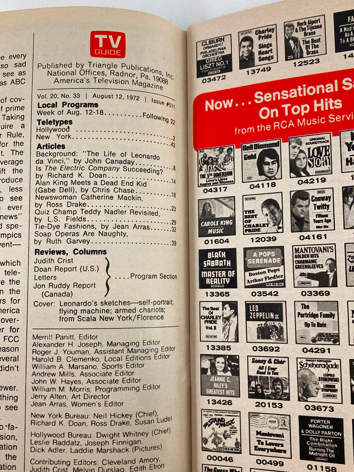 Interior page of TV Guide Magazine August 12 1972 displaying local programming details, articles, and advertisements from the 1970s, with a focus on the Leonardo da Vinci feature.