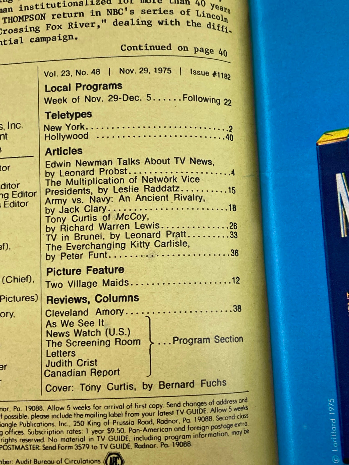 Inside page of TV Guide Magazine November 29, 1975 detailing local programs and articles, including features on television history and insights from Tony Curtis.