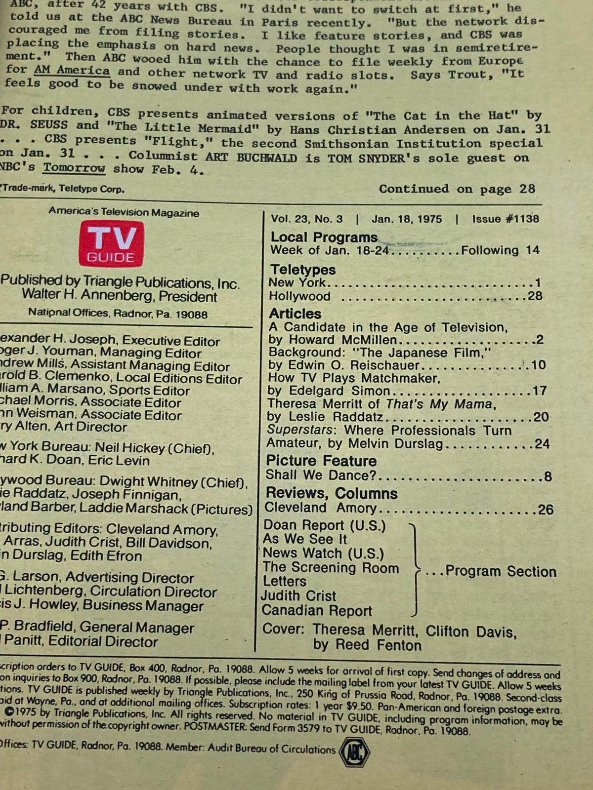TV Guide Magazine January 18 1975 #1138 Theresa Meritt Portland Edition No Label