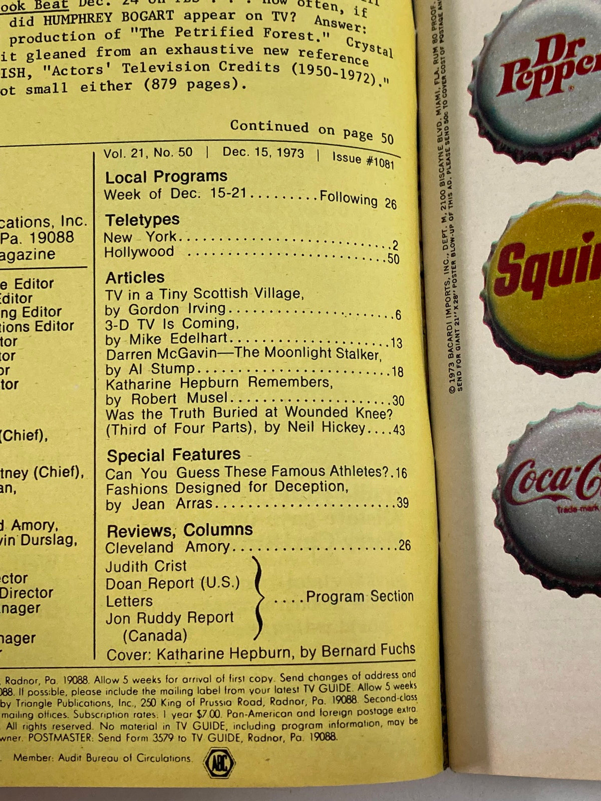 Inside content of TV Guide Magazine December 15 1973 featuring articles and highlights including Katharine Hepburn, local programs, and teletypes.