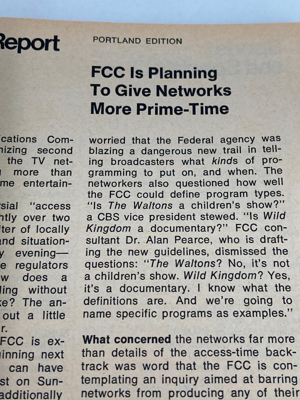Article from TV Guide Magazine December 15 1973 discussing FCC plans for prime-time programming, Portland Edition.
