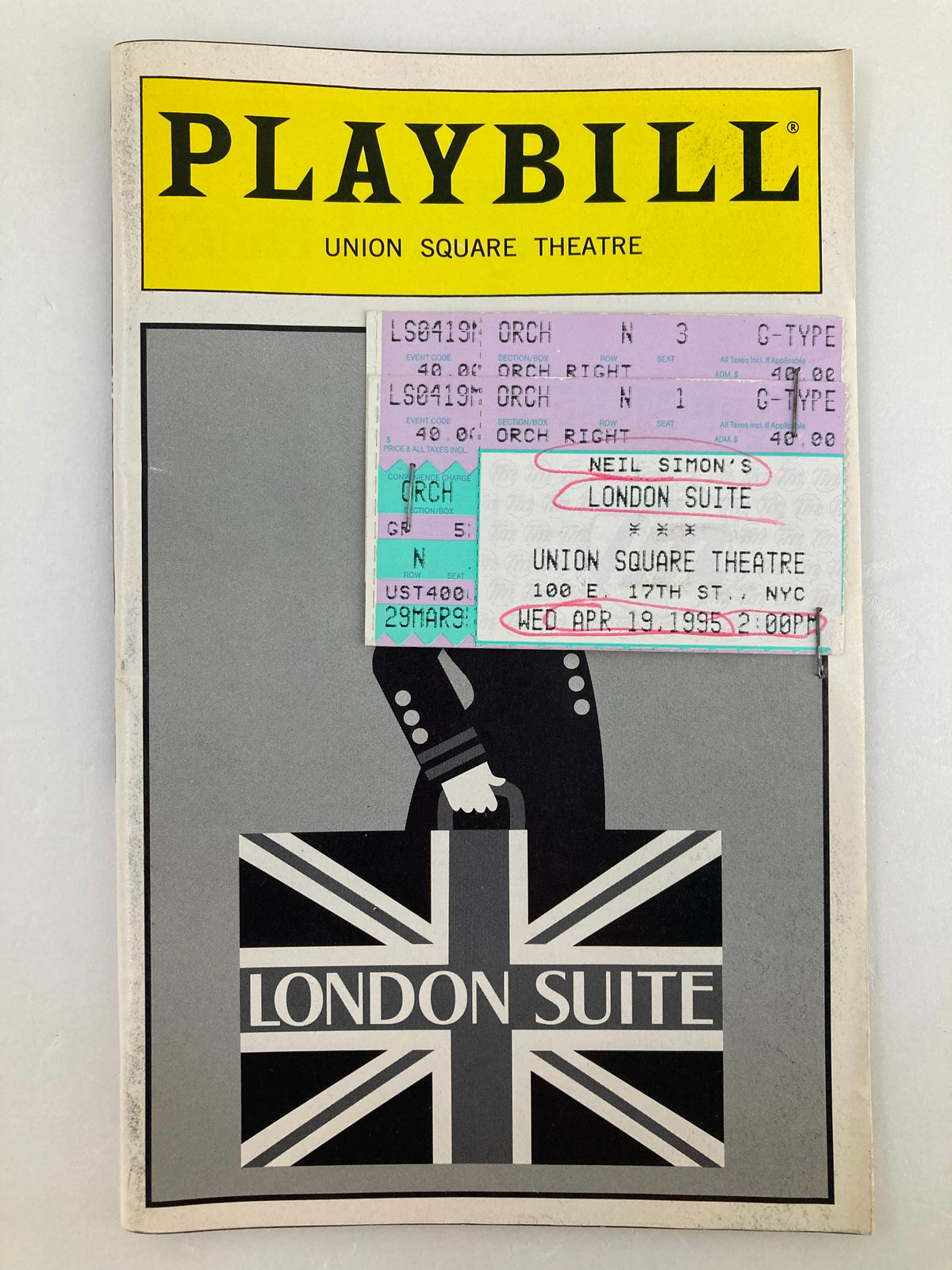 1995 Playbill from Union Square Theatre featuring 'London Suite', showcasing vibrant cover design with a British flag and images related to the theatrical production.
