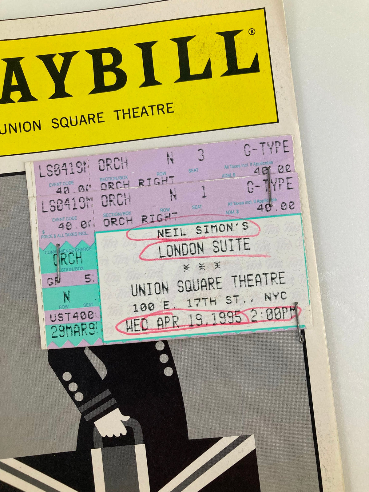 Close-up of the ticket stub attached to the 1995 Playbill from Union Square Theatre for 'London Suite', detailing the performance date and seat information.