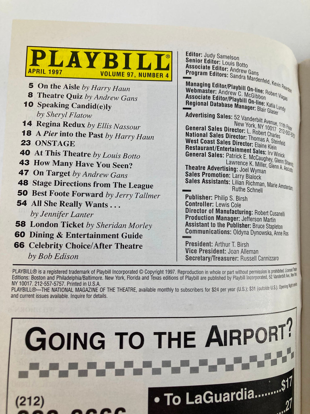 Interior page of the 1997 Playbill for Candide, showcasing editorial content and layout from April 1997.