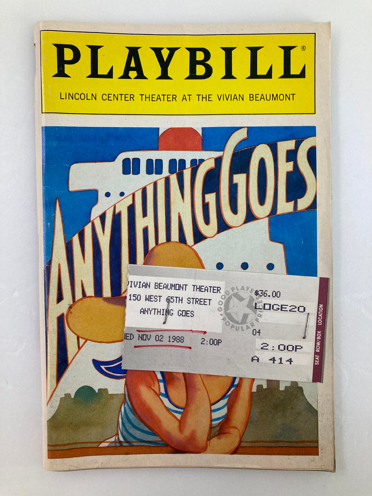 1988 Playbill for 'Anything Goes' featuring Patti LuPone at Lincoln Center Theatre, showcasing the vibrant cover with a colorful design.