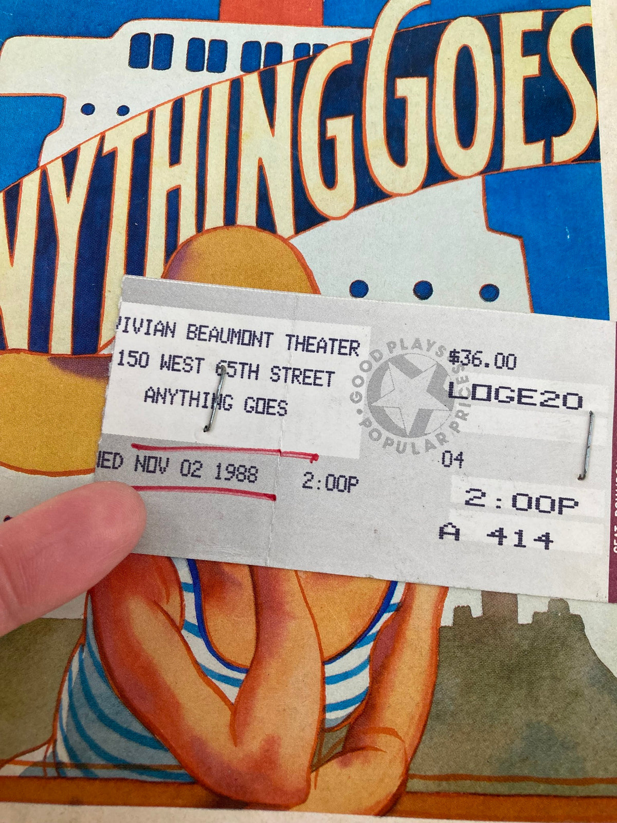 Close-up of the 1988 Playbill for 'Anything Goes' with Patti LuPone, highlighting the attached ticket and details of the performance.