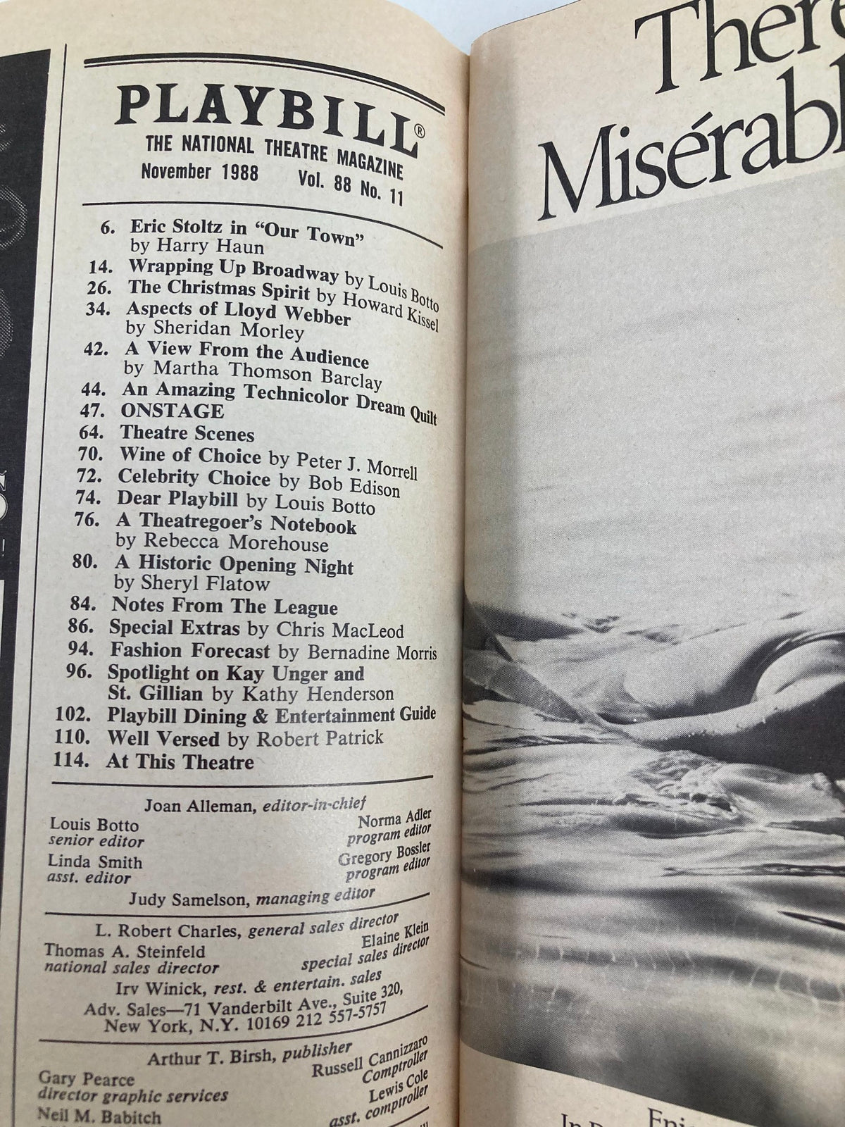 Interior page of the November 1988 Playbill for 'Anything Goes', displaying the table of contents and various featured articles.