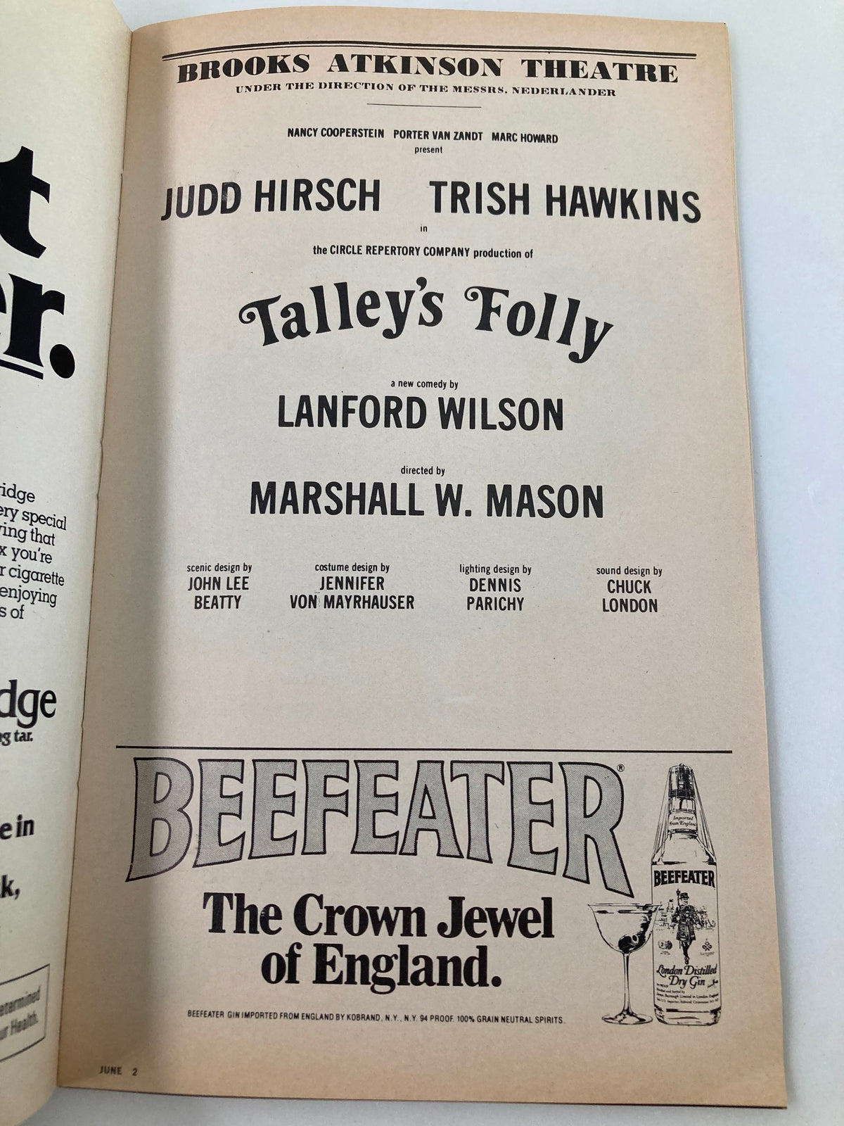 Another inside page of the 1980 Playbill for Talley's Folly, featuring cast credits including Judd Hirsch and Trish Hawkins, from the Brooks Atkinson Theatre.