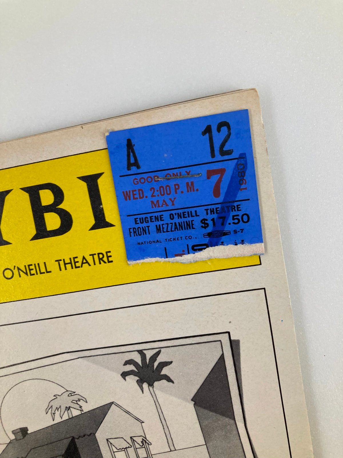 Close-up of the original ticket attached to the 1980 Playbill from Eugene O'Neill Theatre for 'I Ought To Be In Pictures'.