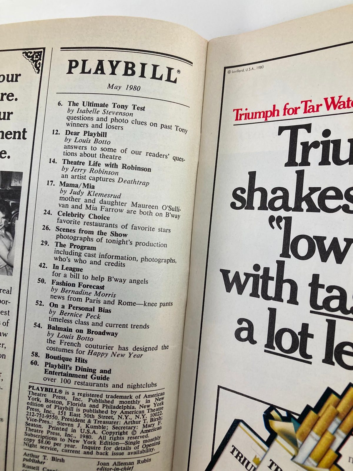 Inside view of the May 1980 Playbill from Eugene O'Neill Theatre with various listings, including 'I Ought To Be In Pictures'.